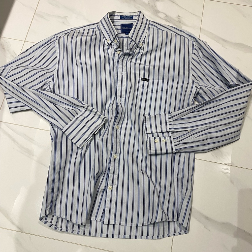 Faconnable Men's White and Blue Striped Shirt